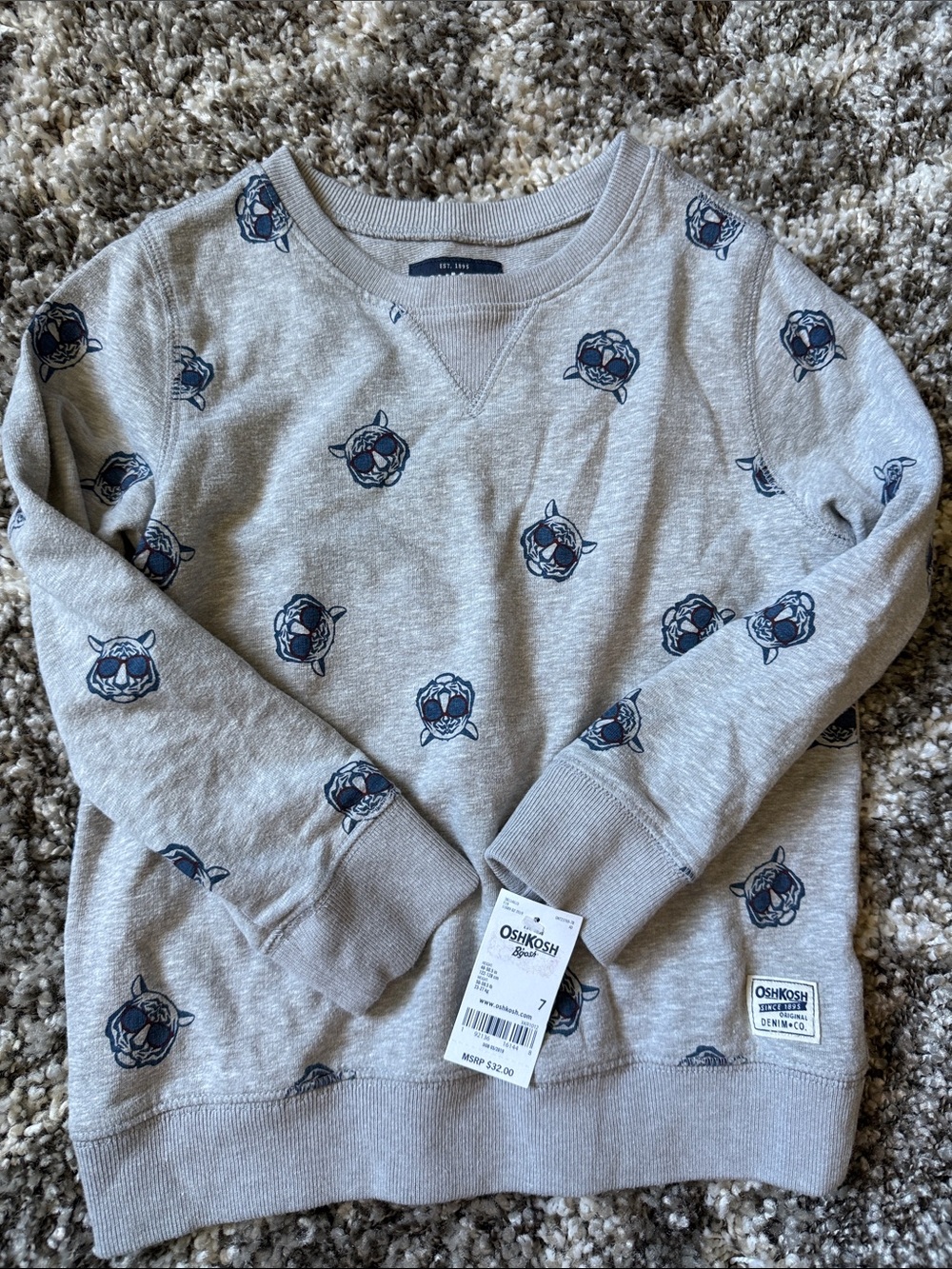 OshKosh B'gosh Gray Crewneck Sweater with Navy Bulldog Print-size 7